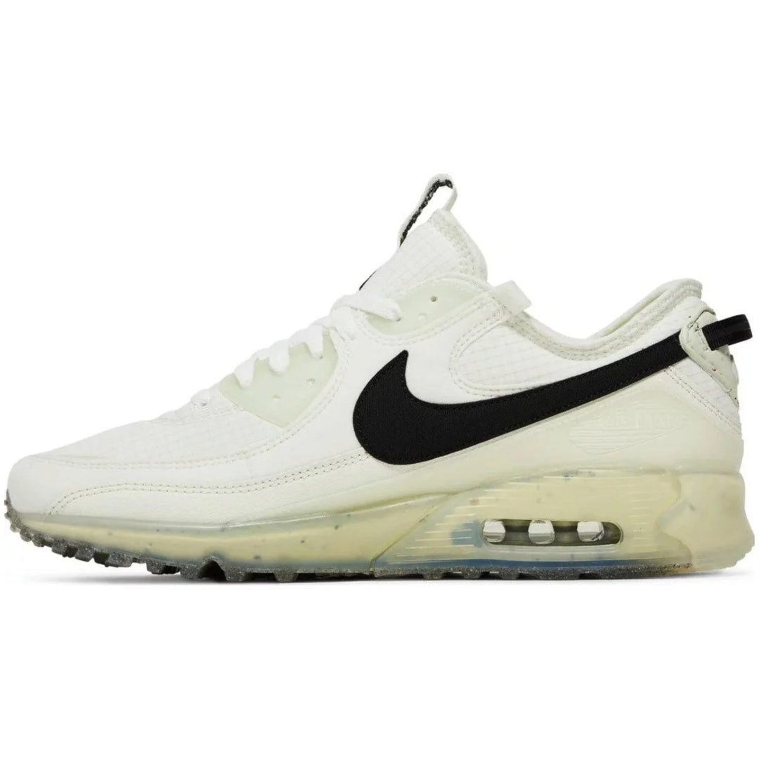 White sneaker with black Nike logo on a white background