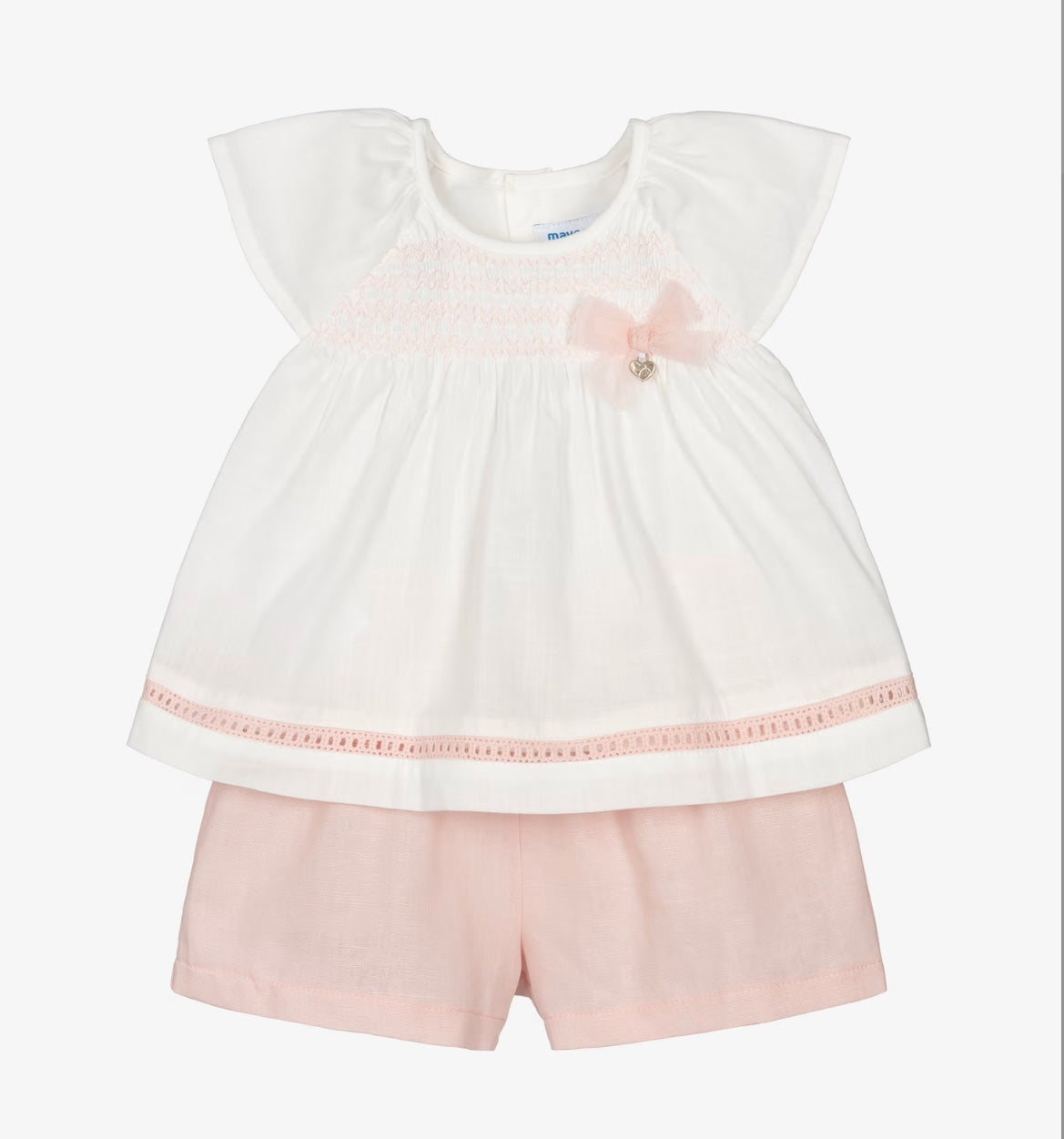 Mayoral Girls Pink & Ivory Smocked Cotton Shorts Set