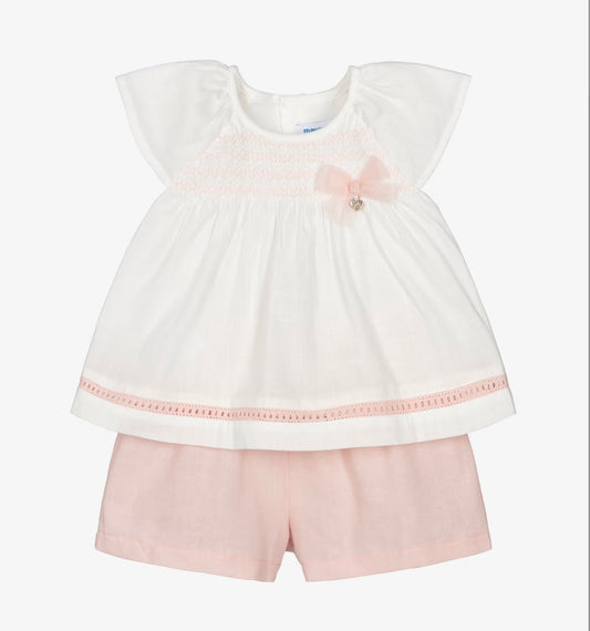Mayoral Girls Pink & Ivory Smocked Cotton Shorts Set