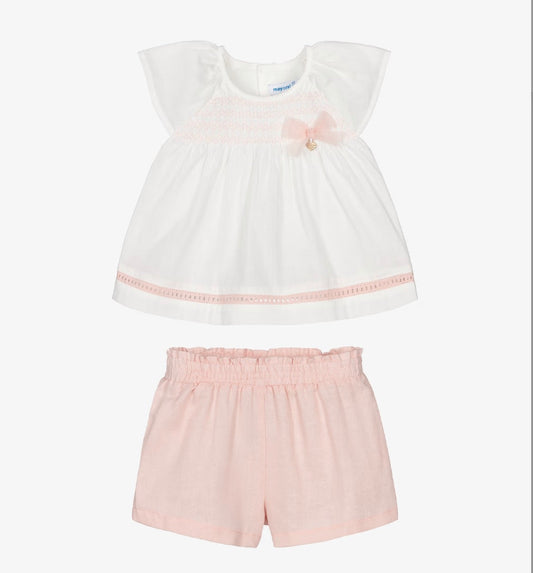 Mayoral Girls Pink & Ivory Smocked Cotton Shorts Set