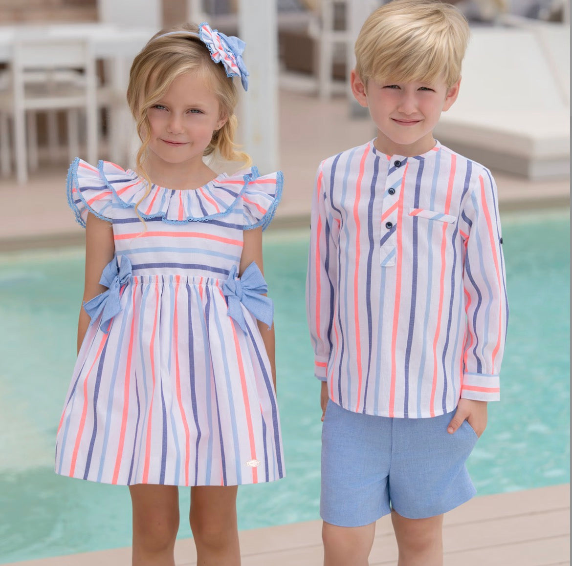 Miranda Baby Girl Blue & Neon Striped Cotton Dress