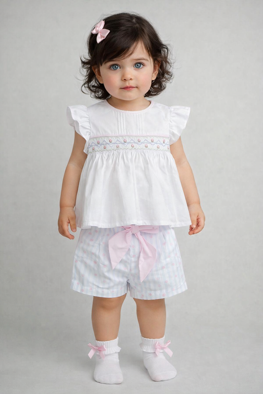 Pretty Originals Girls Pink, Blue & White Striped Smocked Shorts Set