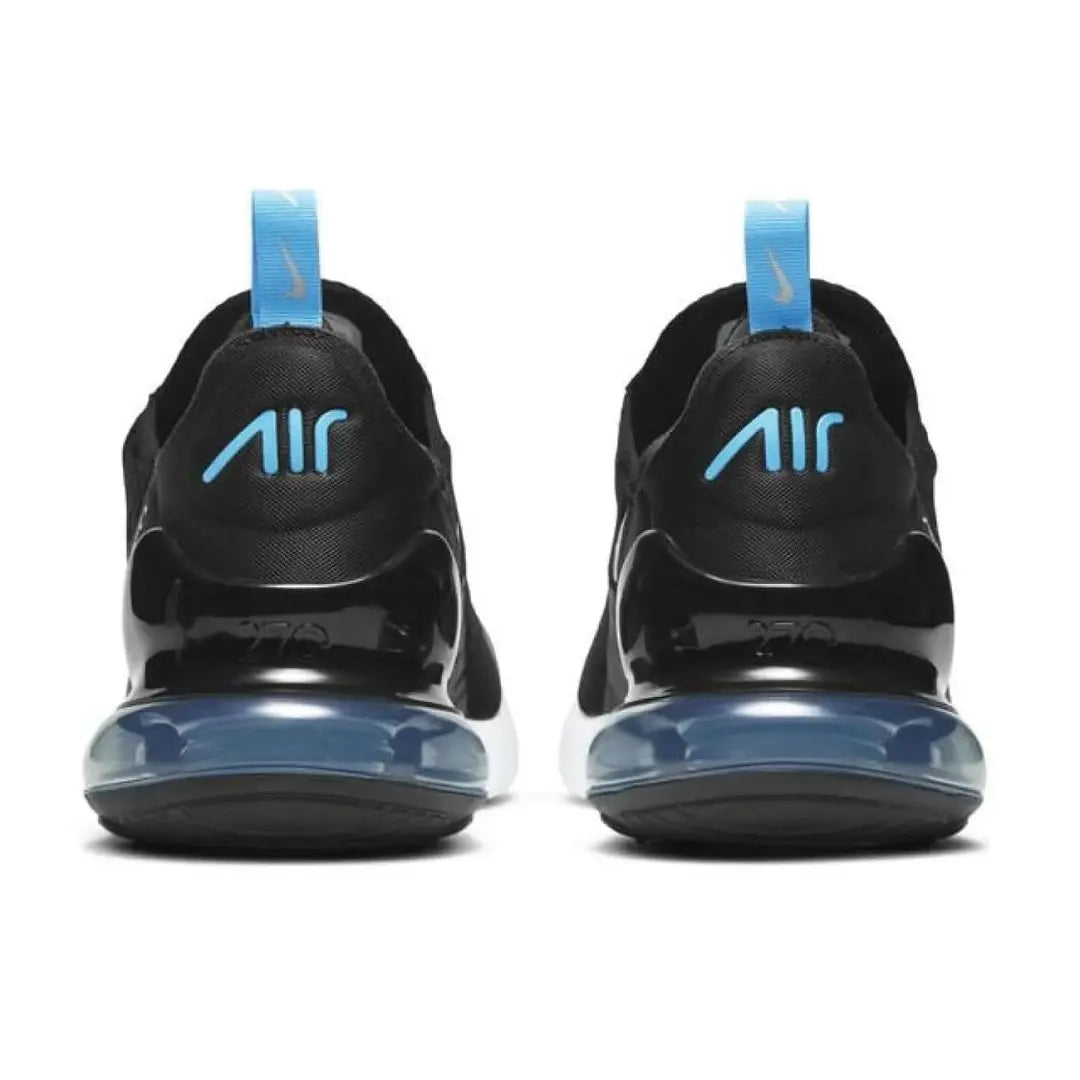 Black sneakers with blue accents on a white background
