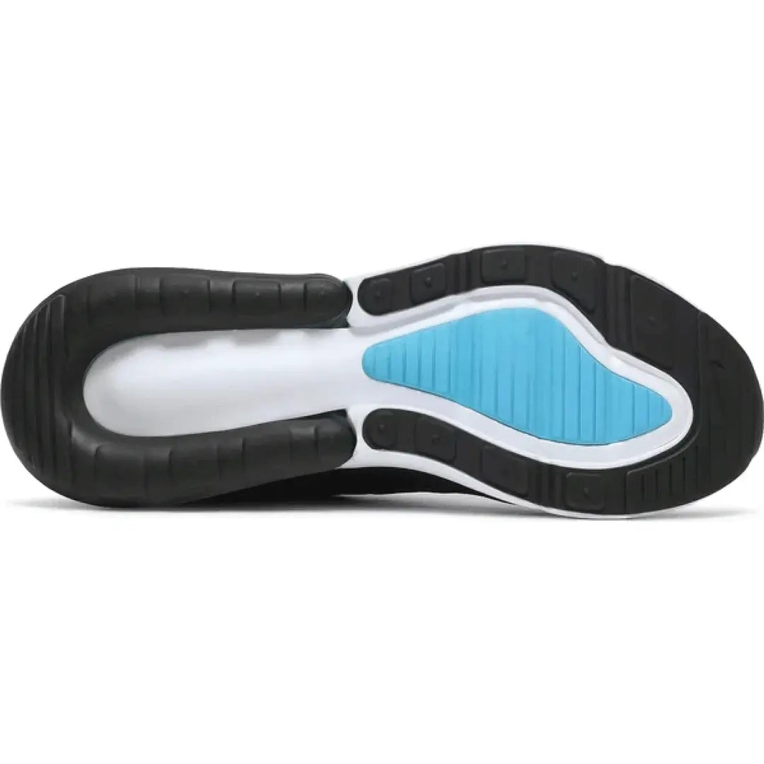 Side view of a shoe with black sole, white midsole, and blue outsole on a white background