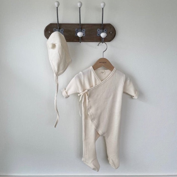 Waffle Bodysuit + Bonnet Set (Cream)